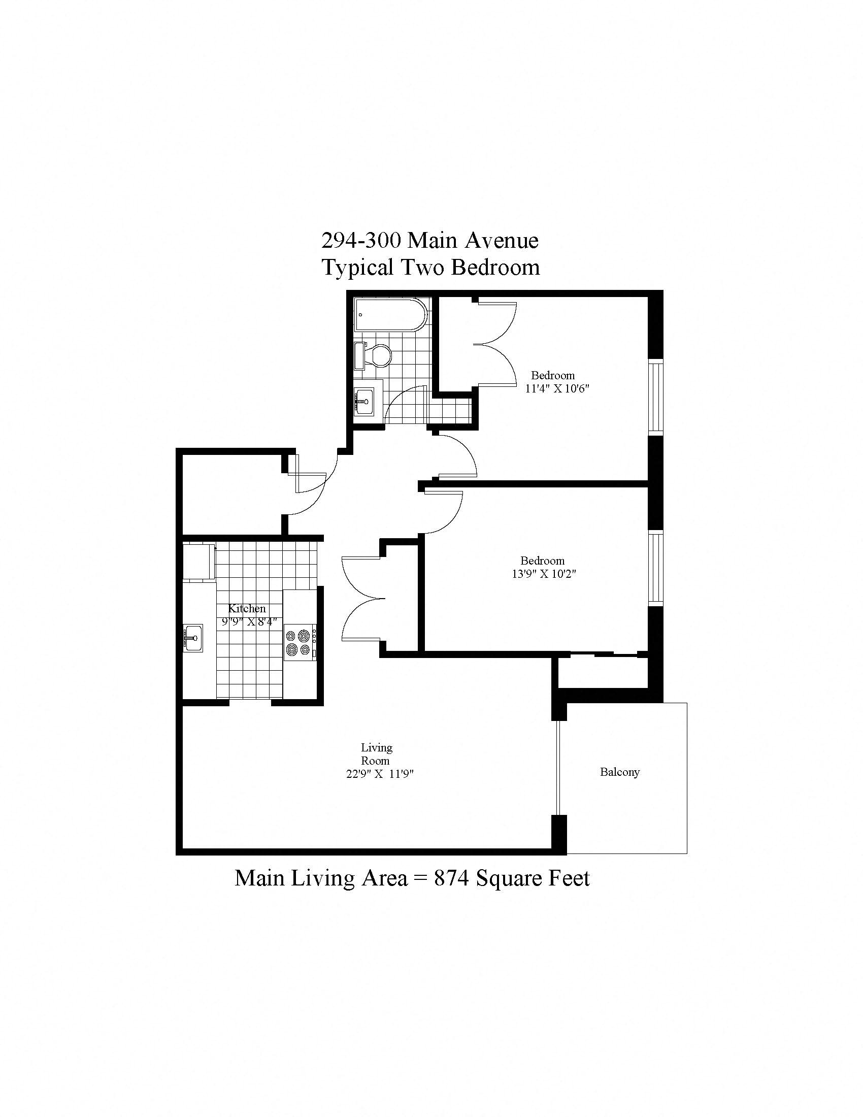 Floor plan for 2 beds, 1 bath, 874 sqft
